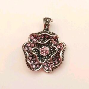 925 Pink Rhinestone Marcasite Flower Pendant Marked A Thailand